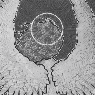 an animated drawing of an angel facing away. their feathery wings take up much of the picture and their halo dims and glows brighter.