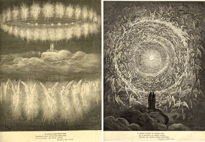 two scans of book illustrations. the first shows two figures standing on clouds, with a ring of glowing angels in the sky above them and another around them. the second shows two figures standing facing away from the viewer, looking at concentric circles of countless winged beings with a sunburst at the center, known as "the saintly throng in the form of a rose"