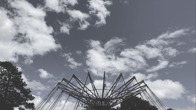 photo of a "flying trapeze" type amusement ride and cloudy sky