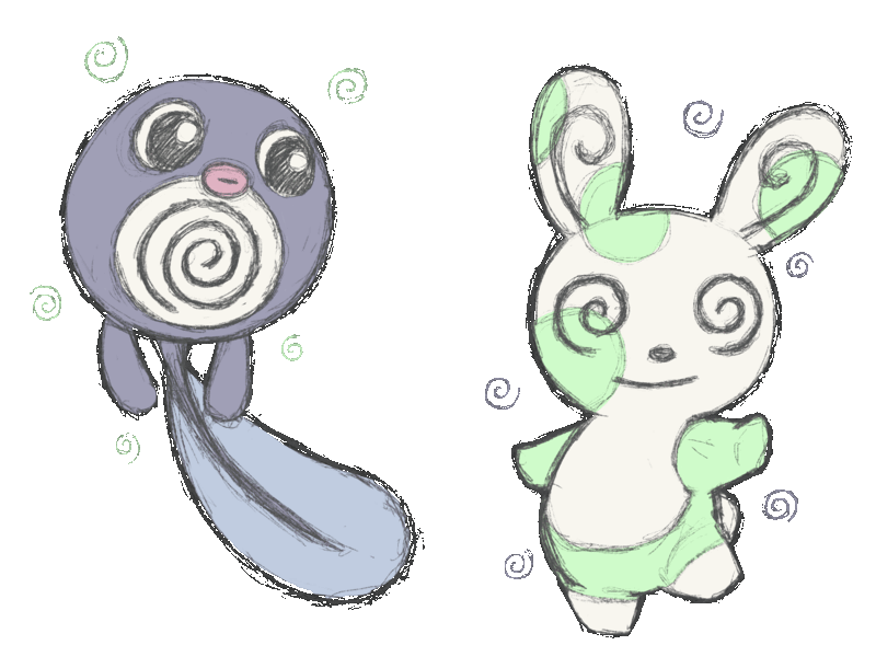 a digital sketch of the pokémon poliwag and shiny spinda with periwinkle and pale green spirals spinning in the background