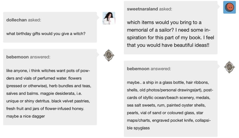 two screenshots of tumblr user bebemoon being asked what gifts to give to a witch and to a sailor. the answers are each a themed list of special trinkets and little items