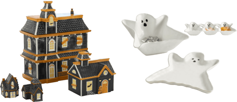 two images: on the left a haunted house shaped salt and pepper shaker set, larger container, and smaller container, and on the right a ghost-shaped bowl, tray, and condiment server