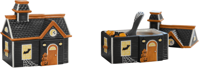 two images of a haunted house shaped container, the one on the right with the roof-lid off, a spiderweb-decorated spoon inside scooping candy