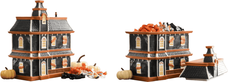 two images of a larger two-story haunted house shaped container, with small pumpkins and candies spread out to the sides. on the right the roof-lid is off, showing candies inside