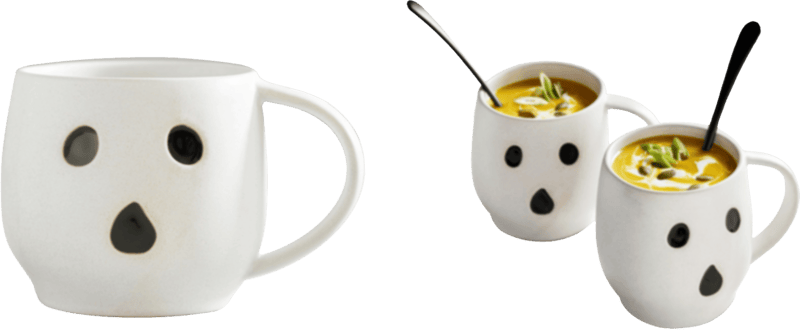 two photos, on the left is a simple empty ghost-faced mug. on the right are a pair of the mugs but filled with soup and a spoon each