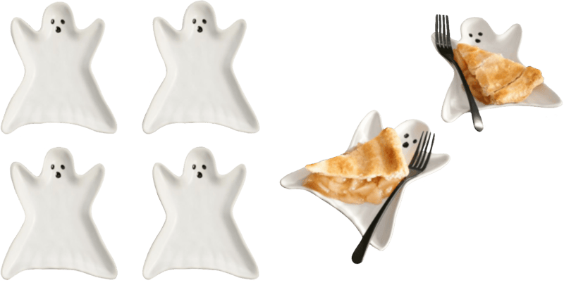 two photos of ghost-shaped appetizer plates. on the left there are four empty ones and on the right there are two, each holding a piece of apple pie and a fork