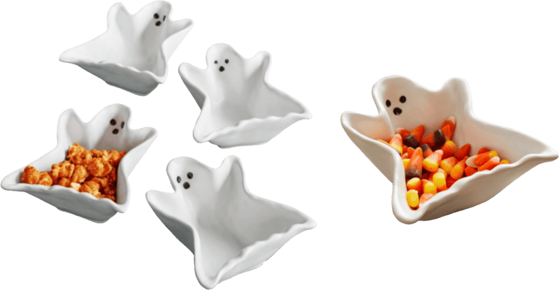 two images of ghost-shaped bowls, four on the left, and one on the right filled with candy corn