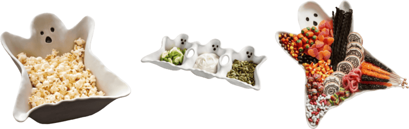 three images: on the left is a ghost-shaped bowl filled with popcorn. in the middle is a 3-bowl condiment tray filled with seeds and sauce, with each connected bowl in the shape of a small ghost. on the right is a large ghost-shaped tray filled with halloween treats such as rock candy, candy corn, spiderweb cookies, and licorice
