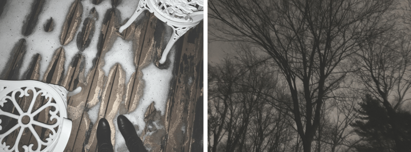 two images: on the left a photo looking down at wooden balcony planks with snow melting atop. white iron furniture is visible along with black boots of the photographer. on the right is a murky photo of trees silhouetted against a grey sky