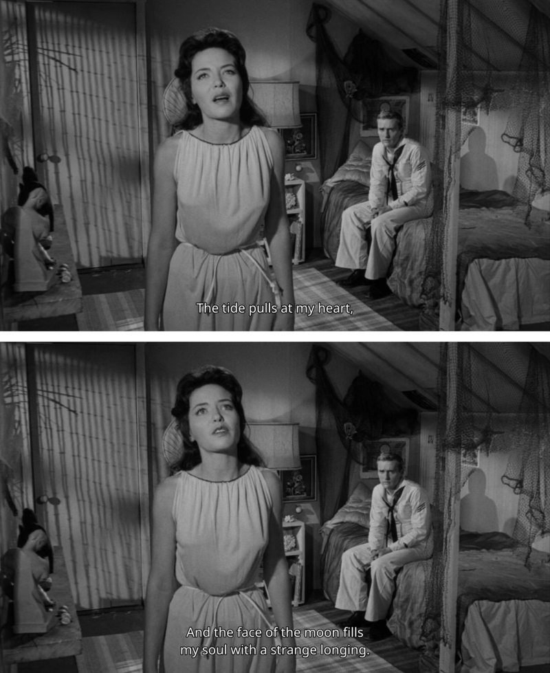 two movie stills of a woman speaking toward the camera and a man sitting behind her on the bed. she says The tide pulls at my heart, And the face of the moon fills my soul with a strange longing