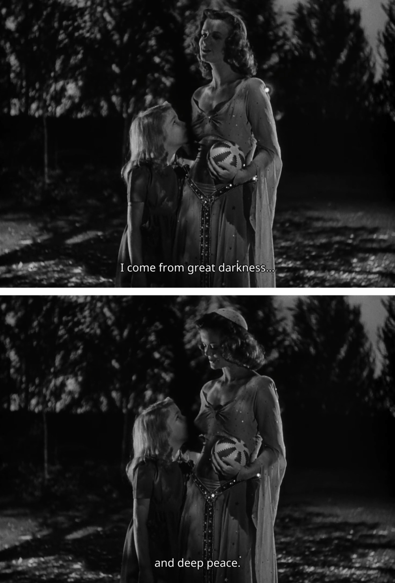 two stills of a woman speaking to a little girl who looks up at her. she says I come from great darkness... and deep peace.