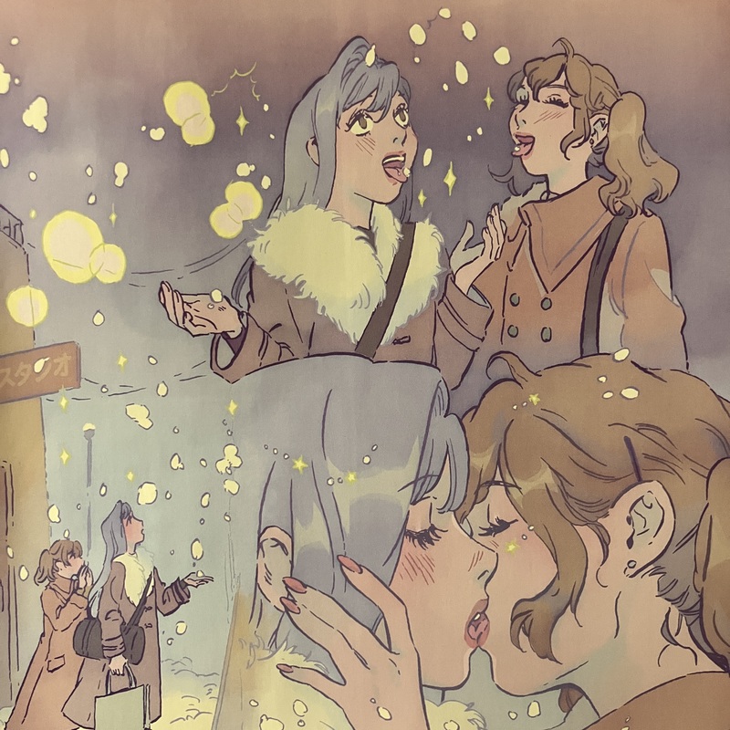 a comic montage of two young women walking together while it's snowing, catching snowflakes on their tongues then kissing