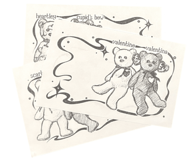 a pile of three valentines: the top one a drawing of the valentino and valentina beanie babies, surrounded by their names, sparkles, and a ribbon-like frame.