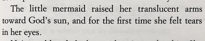 photo of a book page reading The little mermaid raised her translucent arms toward God's sun, and for the first time she felt tears in her eyes.