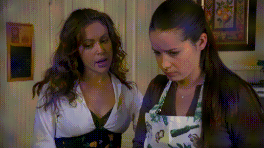 gif from charmed - phoebe says, Piper, remember when you told me to tell you when you're obsessing? and piper says I'm not obsessing. I just want everything to be perfect, that's all."