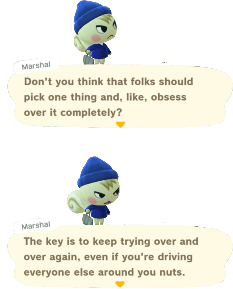 marshal from animal crossing, saying Don't you think that folks should pick one thing and, like, obsess over it completely? The key is to keep trying over and over again, even if you're driving everyone else around you nuts.