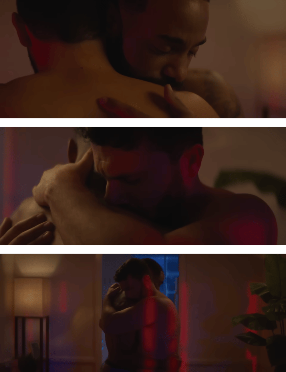 three stills from short film of two men embracing tenderly