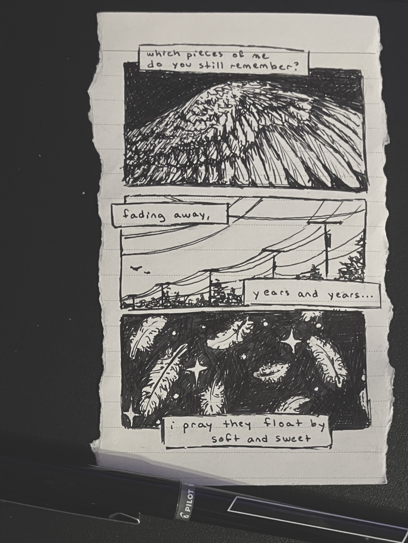 a photo of a small, torn piece of lined paper and a pilot v5 office pen. the paper shows a messy ink drawn comic, three wide panels atop one another. the first panel shows a feathery wing and reads: which pieces of me do you still remember? the second shows utility poles and reads: fading away, years and years... the last shows falling feathers and sparkles and reads: i pray they float by soft and sweet