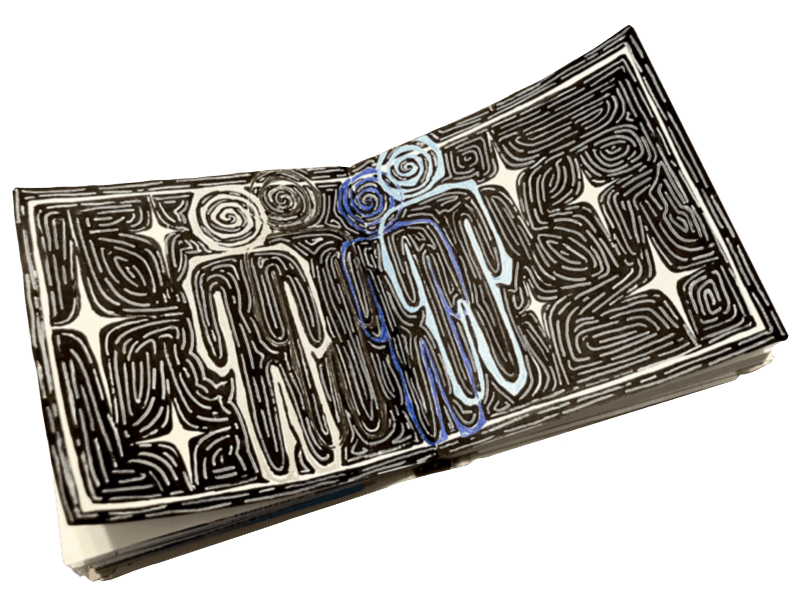 a png photo with transparent background of a small sketchbook opened to a spread showing four overlapping abstract humanoid figures with spirals for faces, among many wiggly lines and some sparkles