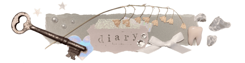 png photo with transparent background of collaged ephemera, including: a dried lily of the valley, a skeleton key, celestite pieces, a fake tooth, a white ribbon, stickers (heart, stars, gems, pearls, washi tape), and scraps of paper with one reading 'diary' in stamped letters