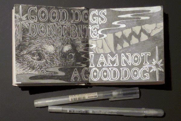 an animated gif of my pocket sketchbook, open to a two-page spread of a pen drawing: text reads "GOOD DOGS DON'T BITE // I AM NOT A GOOD DOG" with sparkles on either side and a squiggly diagonal line across the center. on the left side is a dog's face focused near its eyes, and on the right side is a dog's teeth. the drawing is in black ink with silver accents, and a light passes across it, making the silver shine at various places. the sketchbook is next to the two pens used on a black background.