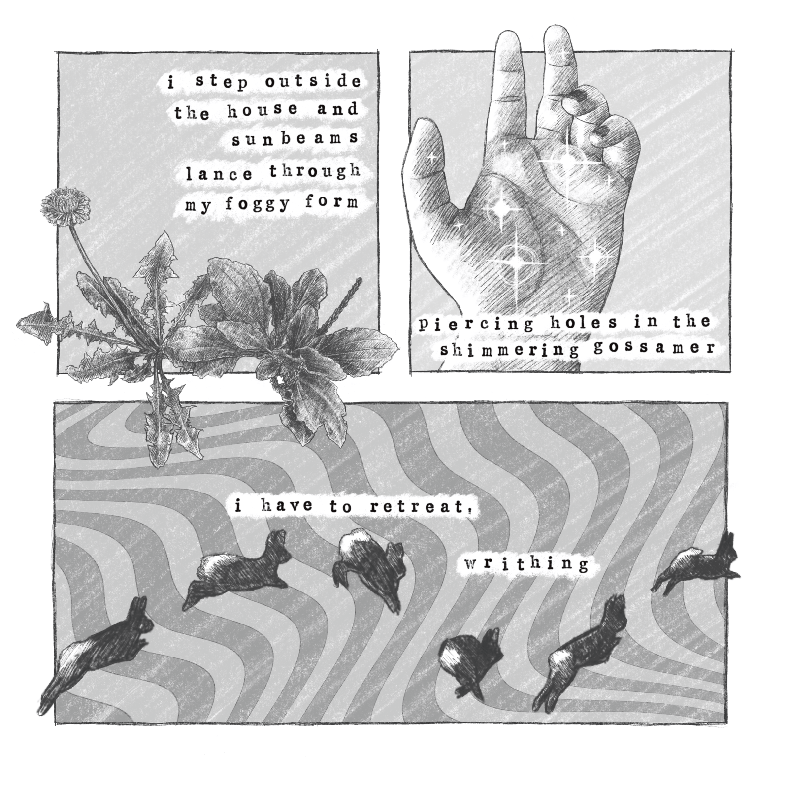 a square comic with two square panels on top and one rectangular panel on bottom. pencil-like illustrations show weeds including a dandelion, a hand with glaring sparkles, and a rabbit in various stages of hopping away, with a squiggly background. the first panel says "i step outside the house and sunbeams lance through my foggy form" - panel 2 says "piercing holes in the shimmering gossamer" - panel 3 says "i have to retreat, writhing"
