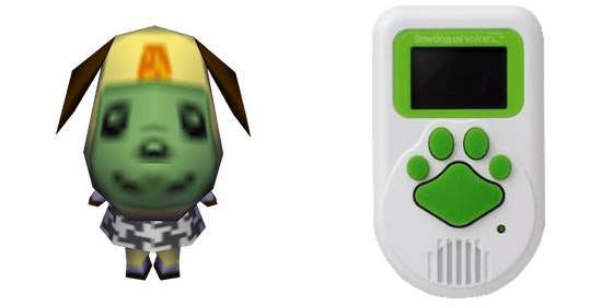 two images with a transparent background. on the left is a model of bow facing forward from the video game. on the right is the bowlingual device, a white handheld gadget with green buttons in the shape of a pawprint and a screen turned off.