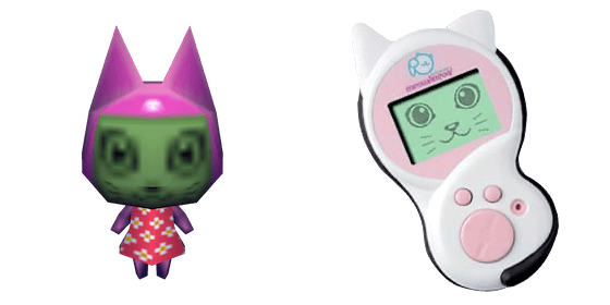 two more images with a transparent background. left is a model of meow, and right is the meowlingual device, a white handheld gadget with pink buttons, triangle ears, and a screen showing a cartoon cat's face design.