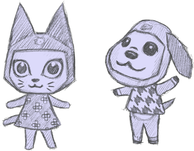 pencil-like sketch of meow and bow with a transparent background. meow is a cat in a floral-patterned dress. bow is a dog in a houndstooth-patterned shirt. both are standing, smiling, and have screen-like faces.