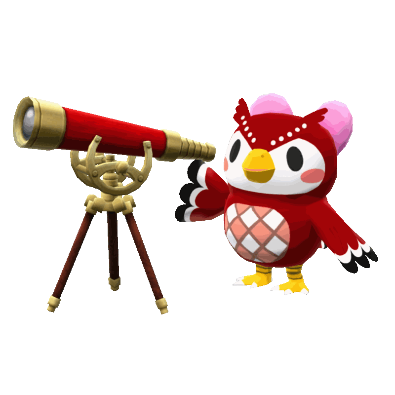 a gif of celeste from animal crossing looking through a red and brass telescope. her eyes blink with the animation.