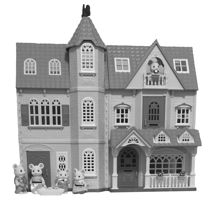 a greyscale photo with a transparent background of a calico critters dollhouse with five visible members of the marshmallow mice family, as well as a cradle of mice babies.