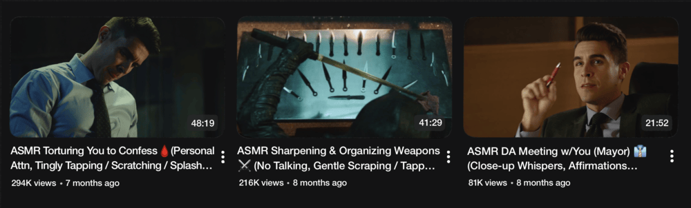 a fake youtube screenshot: thumbnail pictures of chase are accompanied with captions of fake asmr videos including torture, weapons-sharpening, and meeting with the mayor