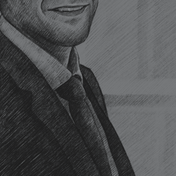 adrian chase, head turned toward the viewer smiling. he has a suit and tie and is shown chest up