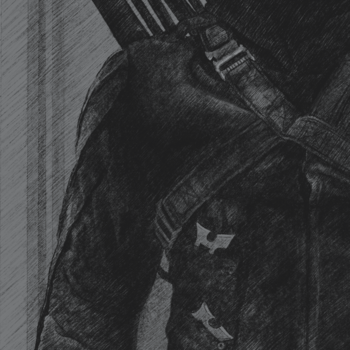 a drawing of chase in his prometheus suit, waist up, smugly talking to someone off camera. he is in tactical gear with throwing stars, a quiver of arrows, and a sword hilt showing, and has a notable scar on his temple