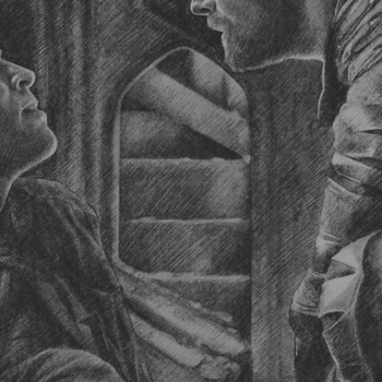a drawing of prometheus and the green arrow in their gear without masks, facing one another in profile. adrian is sprawled on the ground looking up at oliver and oliver is kneeling looking down at him. there is rubble and architecture in the background, and rays of light shine above and behind adrian's head and cast light on oliver's face.