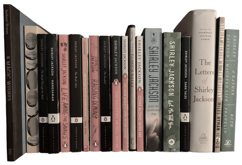 a photo with a transparent background of the spines of 19 books, all by or about the author shirley jackson.