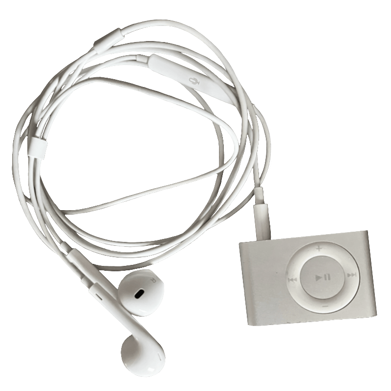 photo of a silver ipod shuffle and coiled earbuds with a transparent background