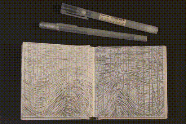an animated gif of an open sketchbook on a black background with two pens. a light passes over the sketchbook, making the text 