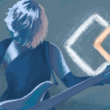 a drawing of lex in mostly teal playing bass, her hair covering her face as she looks down