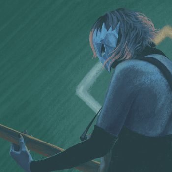 a drawing of lex in mostly teal playing bass, her hair covering her face as she looks down