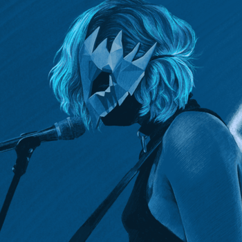 a drawing of lex in mostly teal playing bass, her hair covering her face as she looks down