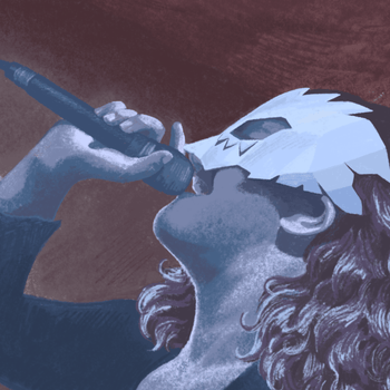 a drawing in purple tones of olivia, face in profile and wearing a mask, holding up a microphone and singing into it smiling