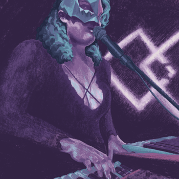 a drawing in purple tones and teal of olivia playing keys and singing into a microphone, wearing a mask