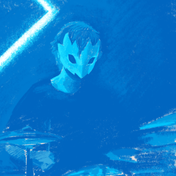 a blue drawing of paul playing drums wearing a mask