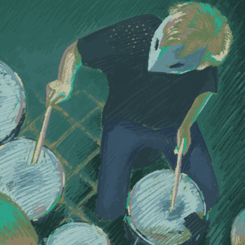 a teal drawing of paul playing drums wearing a mask, from above