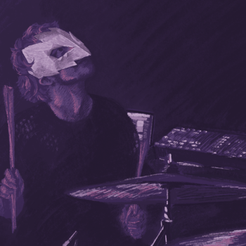 a more detailed purple drawing of paul playing drums, face mostly in profile wearing a mask and looking up