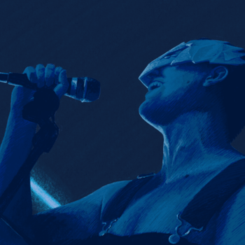 a more detailed dark blue drawing of will singing into a microphone in profile wearing a mask