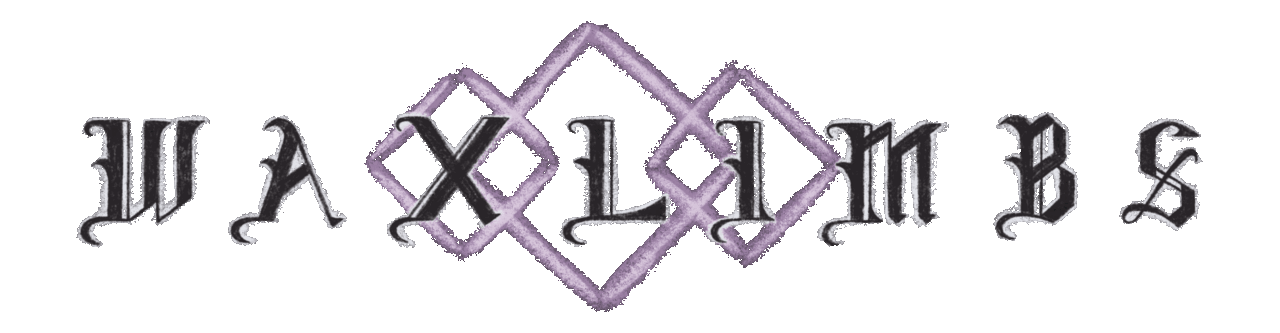 an animated gif of the word WAXLIMBS in a wiggling gothic font, with three color-changing diamonds behind