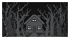 pixel art stamp of a haunted house in a dark forest of leafless trees. the lights turn on and off, and a ghost flies out the attic window.